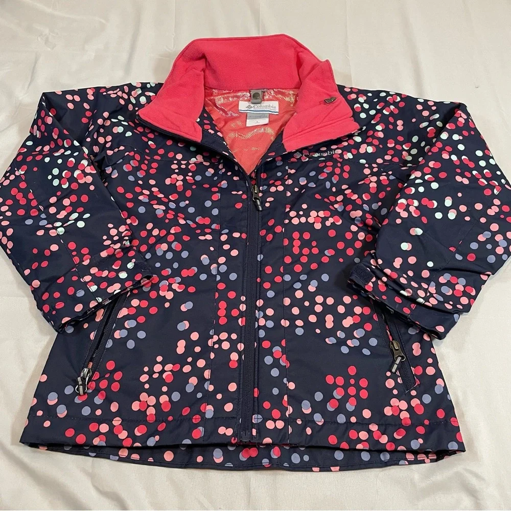 Columbia Girls Interchange Jacket S 7/8 Navy Pink Polka Dot Omni-Heat‎ XG0087